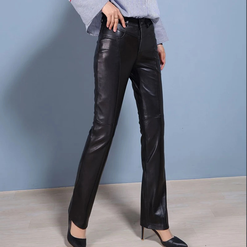Womens Leather Pants Genuine Sheepskin Boot Cut Pants Ladies Full Length Cool Slim Pants Spring and Autumn 250320