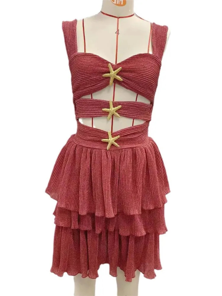 Hollow Out Starfish Sequin Slim Dresses Womens Sleeveless Backless Ruffle Hem Mini Vestidos Fashion Club Party Holiday Dress 250320