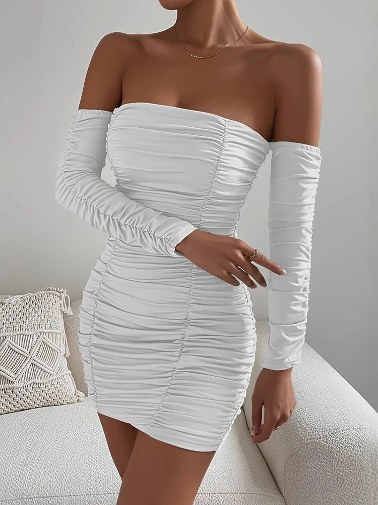 Womens sexy Bodycon nightclub shoulder short skirt white dress womens clothing party long sleeved 250320