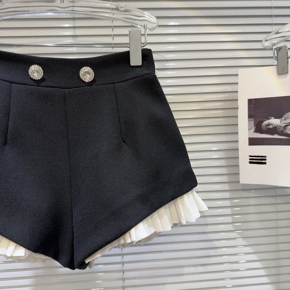 PREPOMP Spring Arrival Rhinestone Metal Buttons Ruched Ruffles Black Shorts Women GP217 250320