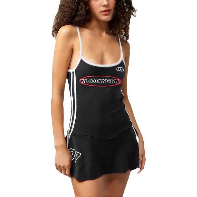 American sports and leisure camisole dress summer digital striped ribbon contrasting color spicy girl waist cinched A-line dress 250315
