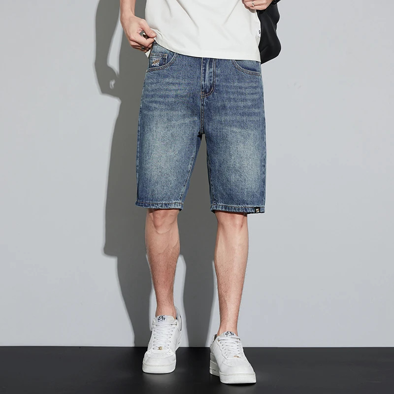 2024 Summer Ultra Thin Mens Retro Street Denim Shorts Fashion and Paradigm Straight Leg Fit Blue for Men 250312