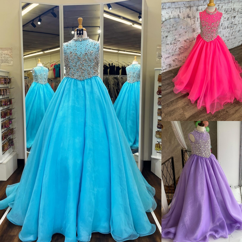 High Collar Girl Pageant Dress 2025 Ballgown Crystals Beaded Organza little Kid Birthday Formal Party Gown Toddler Teens Preteen Floor-Length Little M
