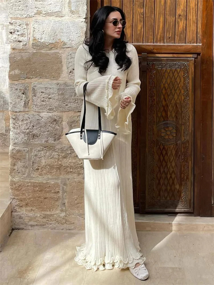 Tossy Knitted Lace Ruffle Womens Long Dress Patchwork Ribbed Loose Fashion Bandage Elegant Dress Womens Knitted Maxi Dress 250320