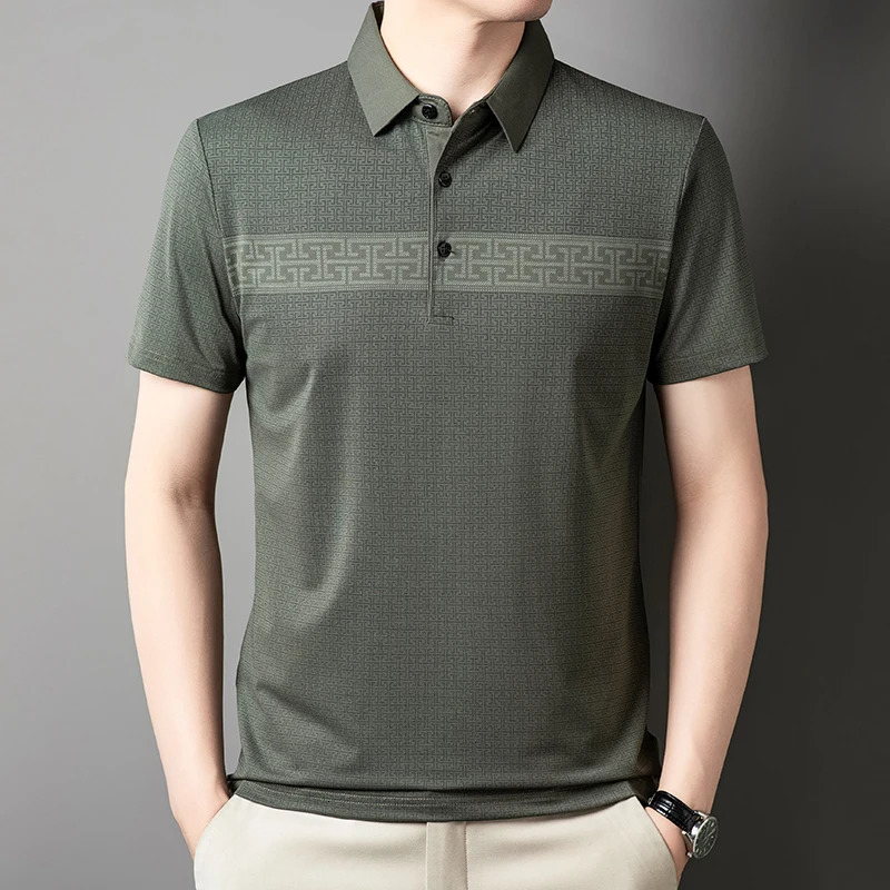 High End Ice Silk Print Summer Short Sleeve Lapel Polo Shirt Fashion Business Seamless T-Shirt Comfort Mens Wear 250320