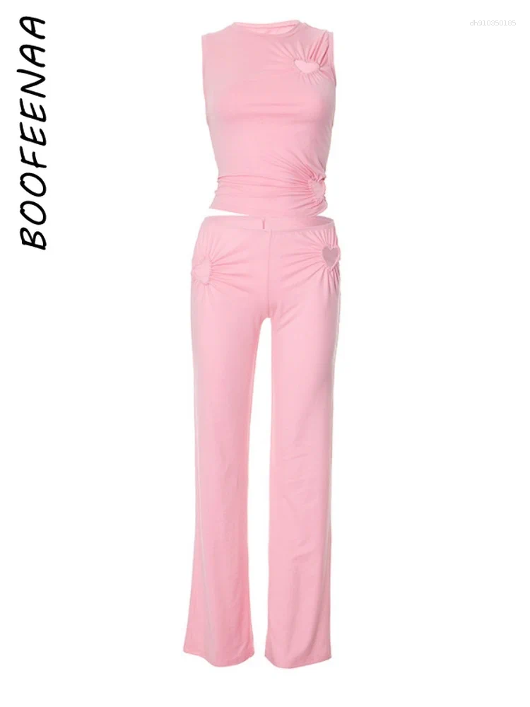 Women's Two Piece Pants BOOFEENAA Hollow Love Sleeveless Set Pink Summer Outfit Trending Woman Clothes Matching Sets C85-DE30