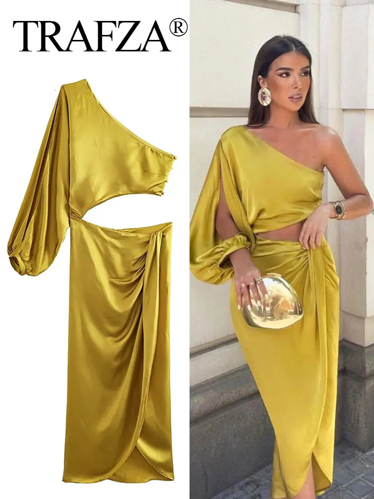 Trafza Womens Summer Dress Asymmetric Sexy Long Skirt Hollow Outer Waist Friction Shoulders Solid Elegant Evening 250317