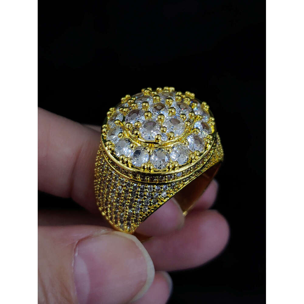 Hip hop trendy copper material, real gold, electroplated flower diamond, men's ring, personalized accessory