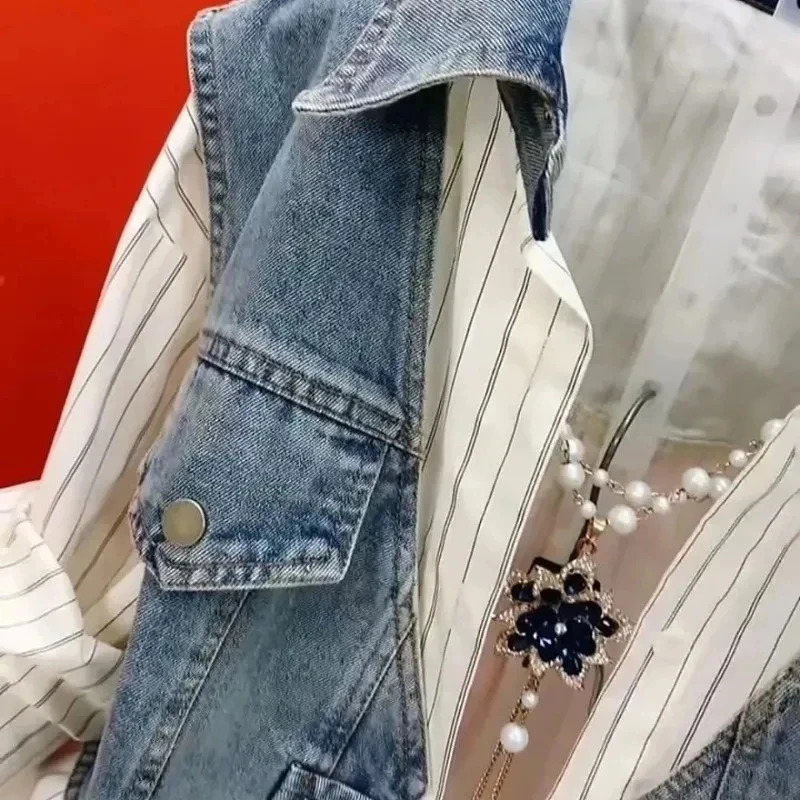 Spring and summer striped two-piece denim shirt womens sense stitched womens jacket warm denim jacket 250317