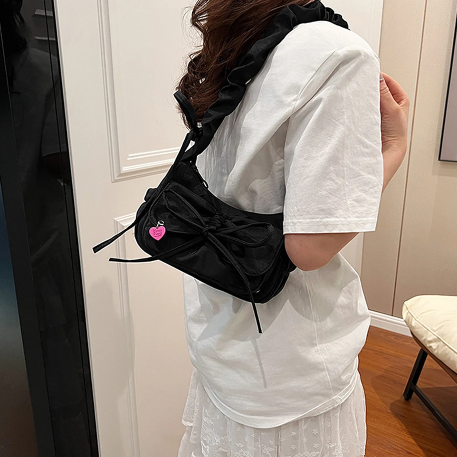 1 piece/batch of black bow womens casual shoulder bag Korean style washed denim summer handbag ladies birthday Exquisite gift 250320
