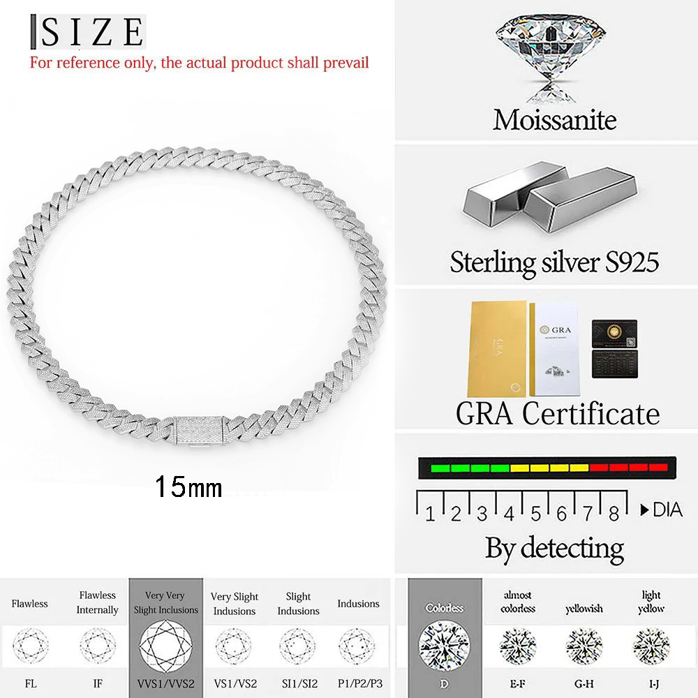 Hip Hop Fine Jewelry Moissanite Cuban Link Chain With VVS GRA Certificate S925 Sterling Silver D Color 15mm Ice Diamond Necklace