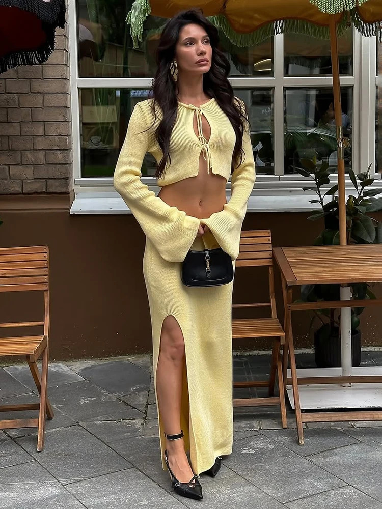 Taruxy Fashion Knitted Open Skirt Tight Clothes Womens Tight Clothes Full Sleeve Top Long Sleeve Summer Womens Elegant Dress Set 250320