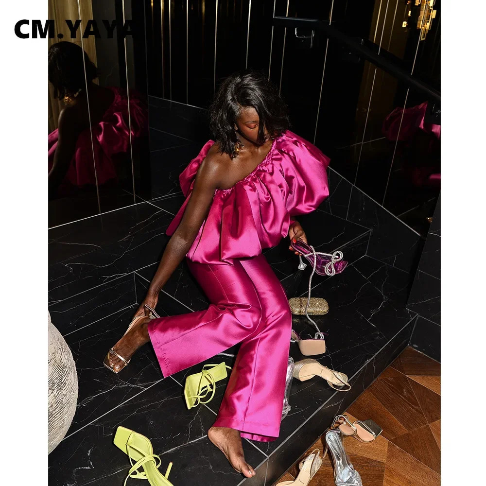 CM.YAYA Fashion Satin Womens Set Butterfly Sleeve Crop Top and Wide Leg Pants Suit Party Club Even Two 2 Piece Sets Outfit 250320