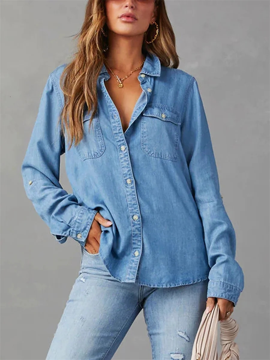 Womens Denim Shirts Solid Color Turn Down Collar Long Sleeve Jean Blouses Spring Loose Casual Tops Streetwear 250317