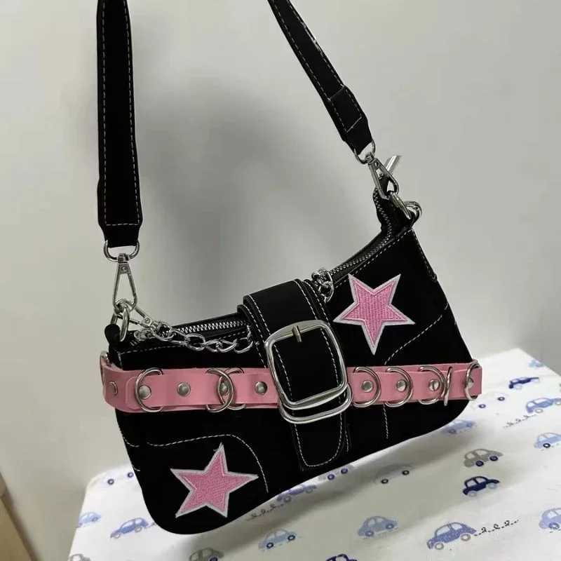 Star Pattern Y2K Hot Girl Chain Shoulder Bag Womens Black Handbag Luxury Designer Grunge Bag Gothic Motor Style Sling Y250320