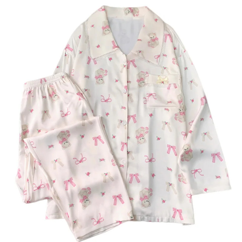 Spring and Autumn Ladies Fashion Pajamas Homewear Suit Ice Silk Pajamas Comfortable Leisure Long-Sleeved Homewear Real S 250320