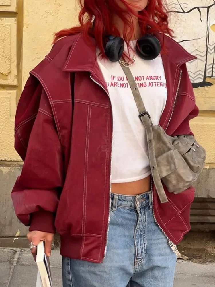 Fashion Patchwork Lapel Long Sleeve Coats Vintage Red Zipper Leather Jacket For Women 2024 Autumn Winter Female Casual Outerwear 250313