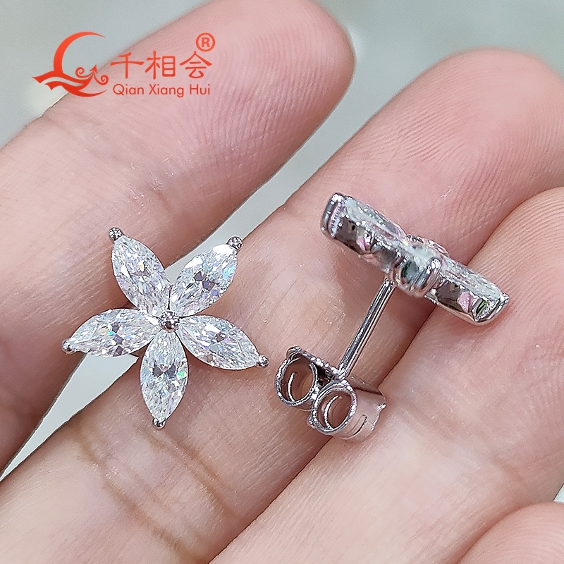 S925 silver 3*6mm marquise shape 5 flowers D VVS moissanite stone ear stud Earring for jewelry gift dating women wedding