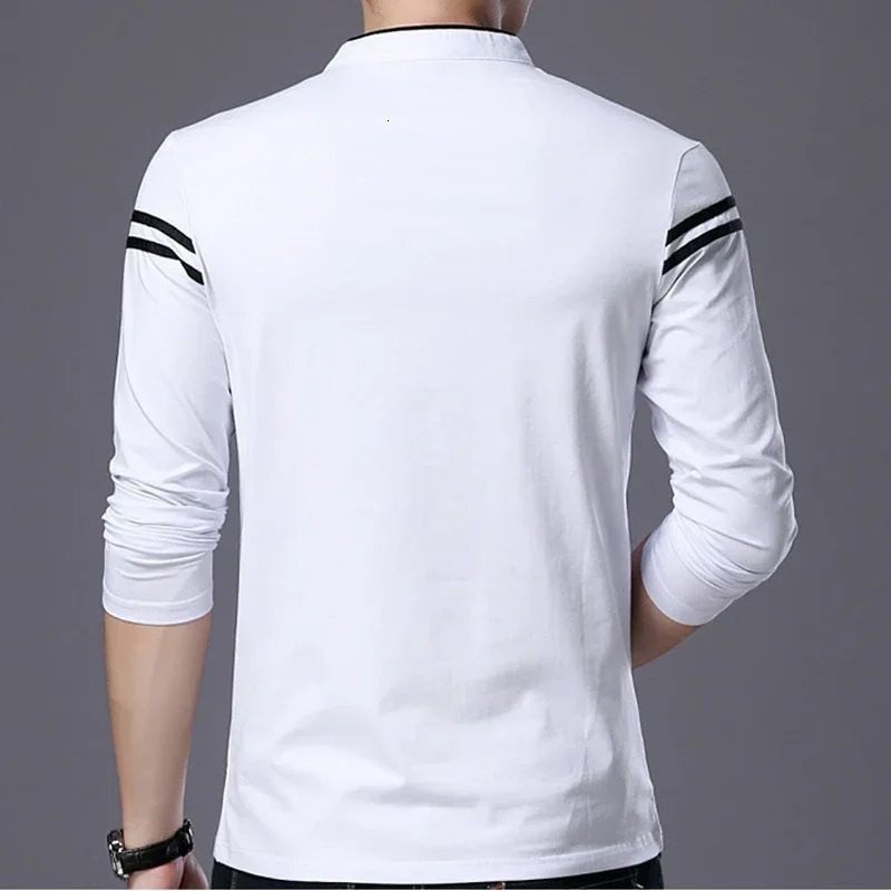 Casual Men T Shirt Button Neck Collar Long Full Sleeve Tshirt Male Business Fashion Classic Cotton Slim Fit Elegant T-Shirt Tops 250320