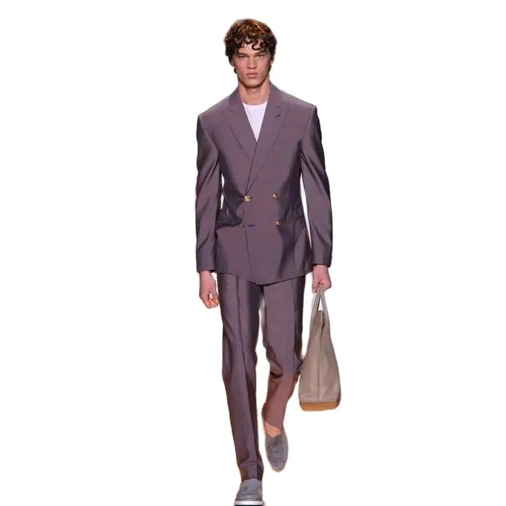 Satin Double Breasted Men Suit Two PiecesJacketPants Lapel Outfits Chic Casual Party Prom Wedding Set 250311