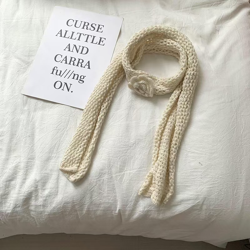 T328 autumn and winter scarf female 2025 new casual knitted flower concave shape decoration narrow neck scarf hot girl scarf