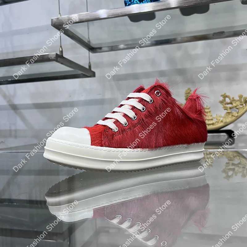 24ss new horsehair low top high-quality casual shoes deep red mens leather thick soled lace luxury sports ribbed sports shoes Y250320