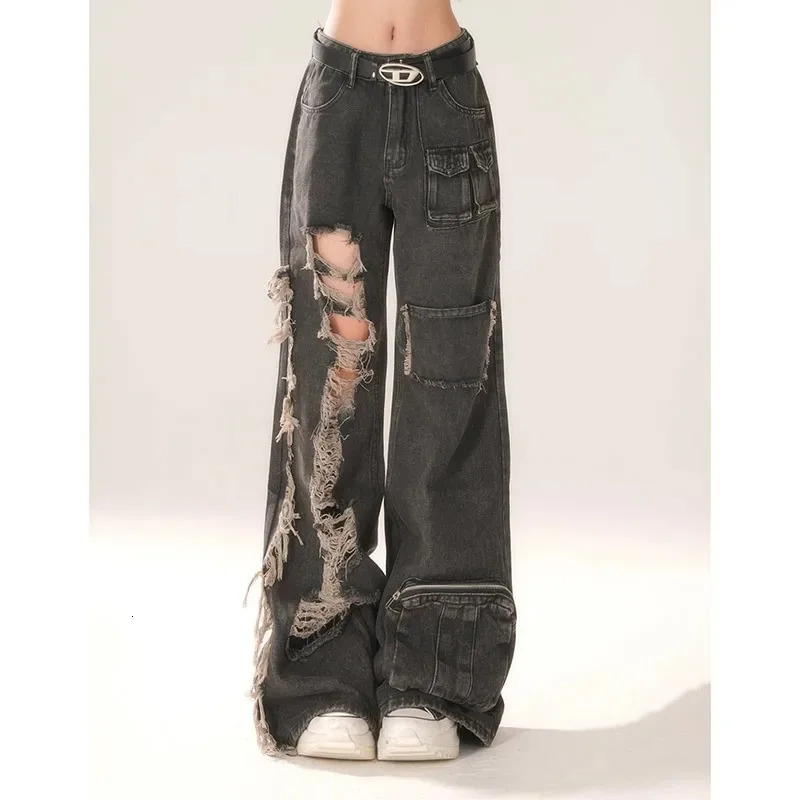 High waisted ripped womens black jeans hip-hop style fashionable retro street wear Y2K wide leg jeans pocket jeans 250320
