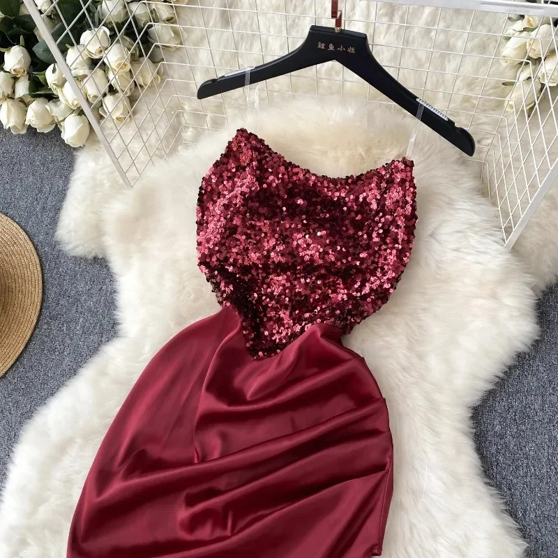 Fashion sequin asymmetrical strapless dress sleeveless Korean fashion vest womens retro summer hip wrap w250320