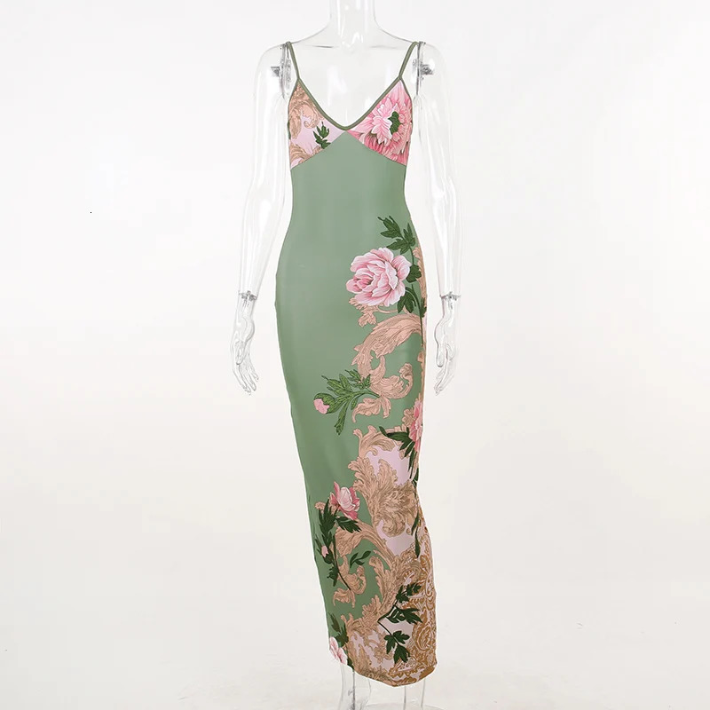 Sleeveless printed pendant dress for women fashionable V-neck ultra-thin long dress summer chic womens beach party club robe 250317