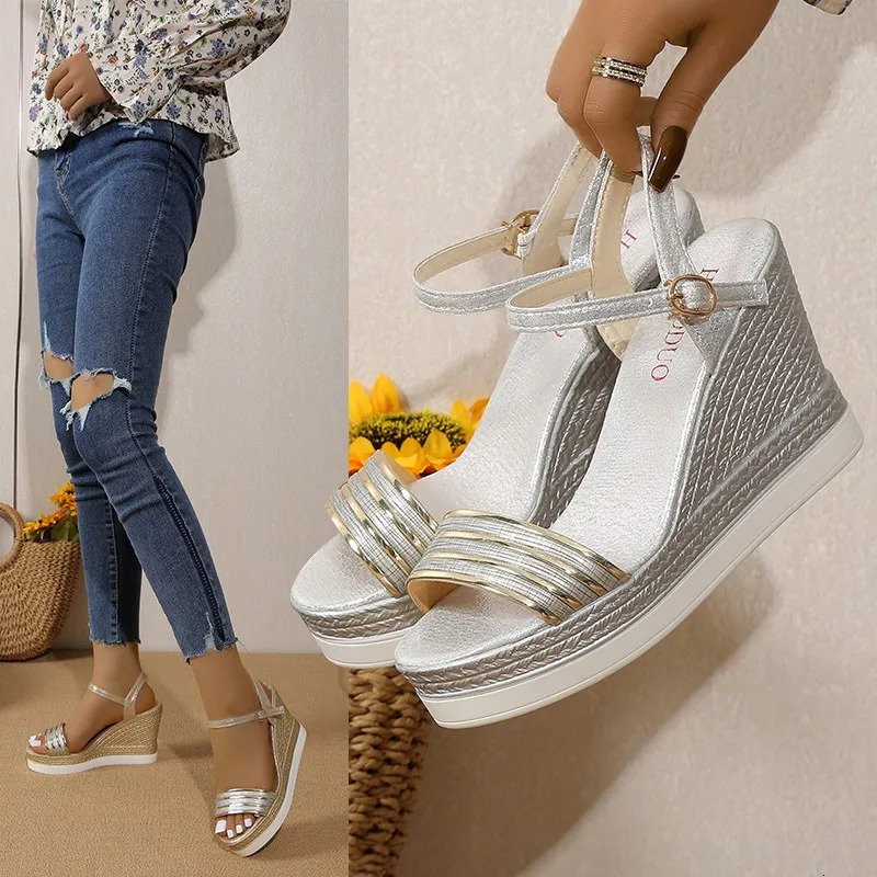 Womens Summer Wedge Sandals Thick Bottom with Open Toes Casual Shoes Gold and Silver y ner 250321BJ