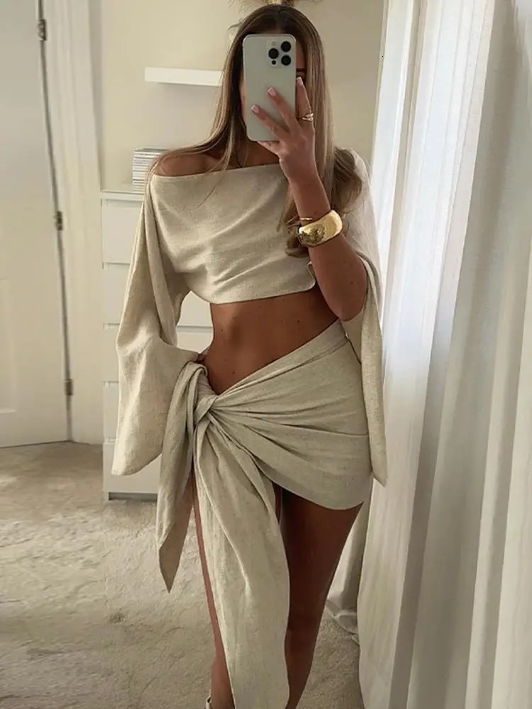 Sexy Solid Pleated Knot Mini Skirts Sets For Women Chic One Shoulder Flared Sleeve Loose Cape Tops Suits 2025 Lady Party Outfits 250320
