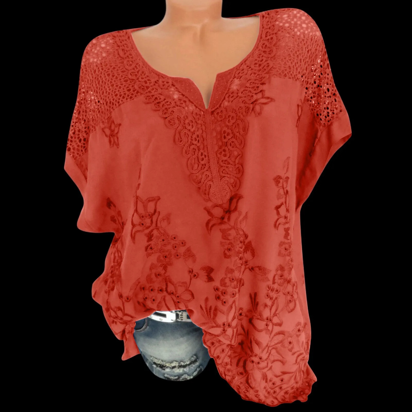 Women Shirts Women Lace Hollow Lace V Neck Embroidered Short Sleeved Bat Shirt Top Spandex T Shirt 250320