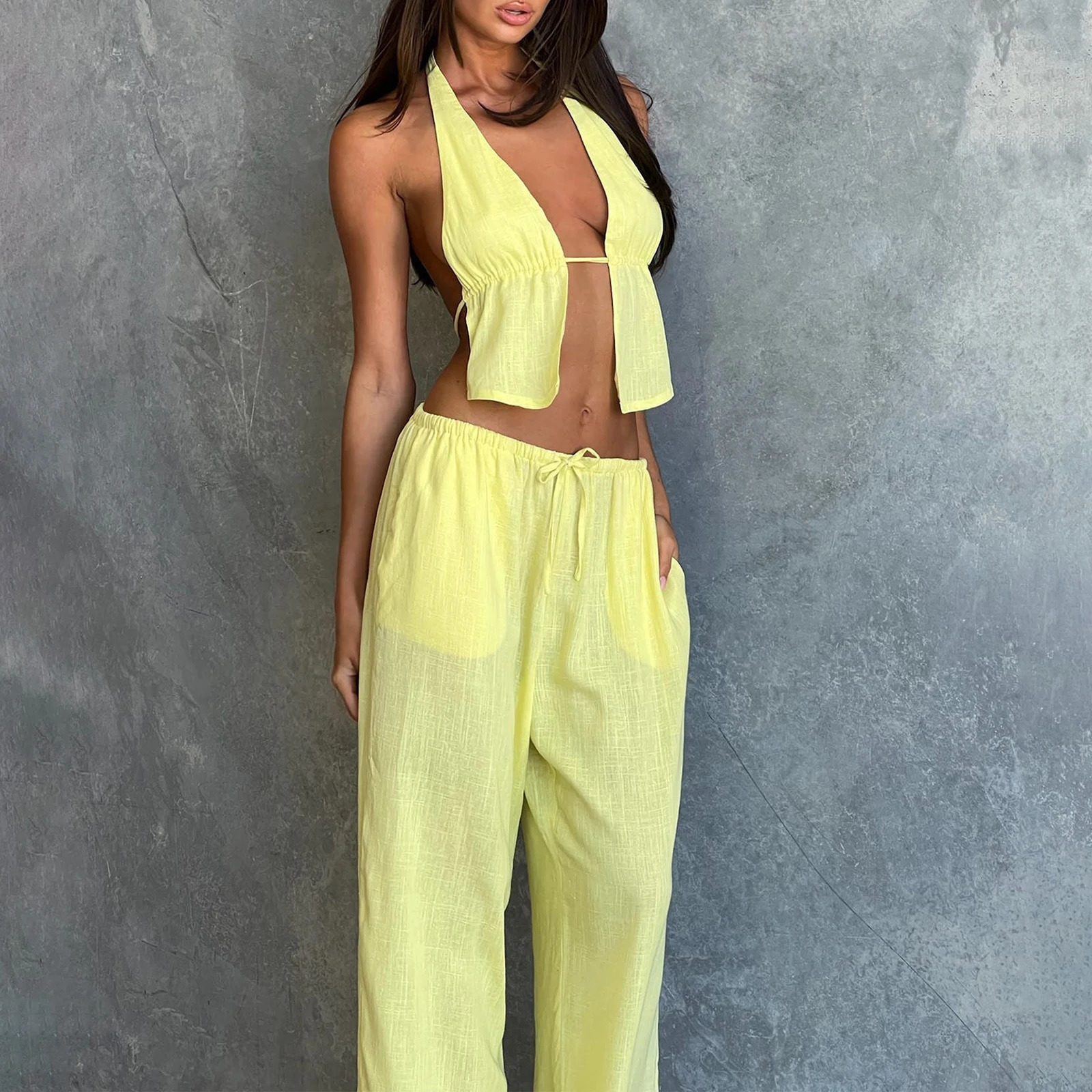 Womens Sexy 2 Piece Outfits Stripe Tie Up Halter Neck Sleeveless Backless Cut Out Top and Loose Pants Set Clubwear 250320