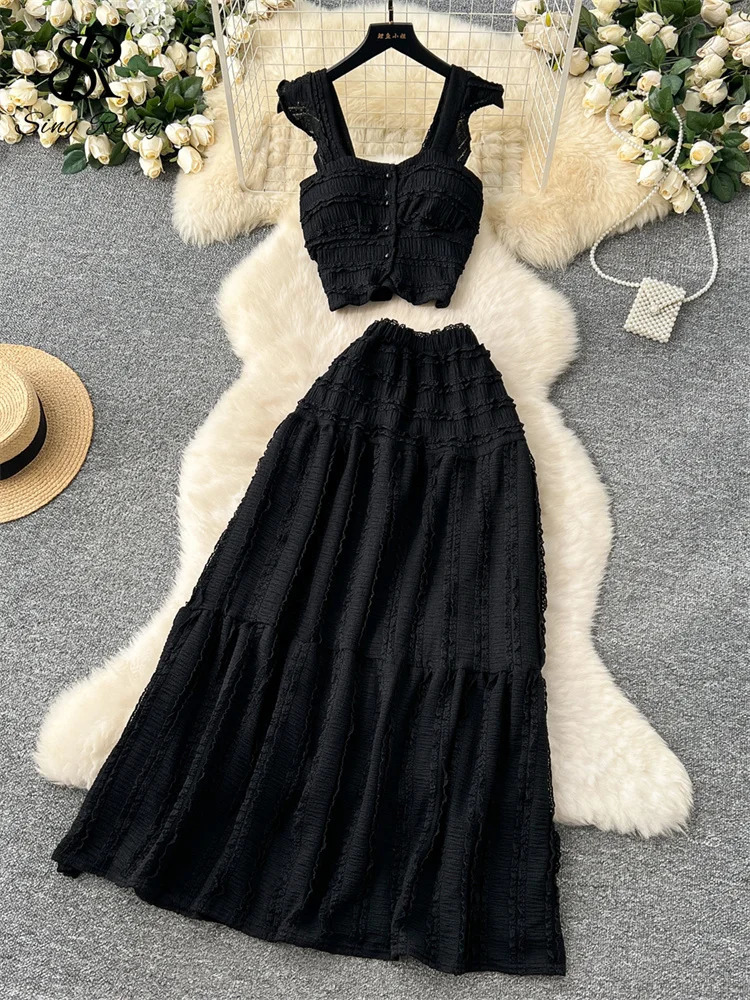 SINGREINY Casual Beach Style 2pcs Suits Single Breasted Mini CamisoleElastic Waist A Line Fold Slim Skirt Gentle Women Sets 250320