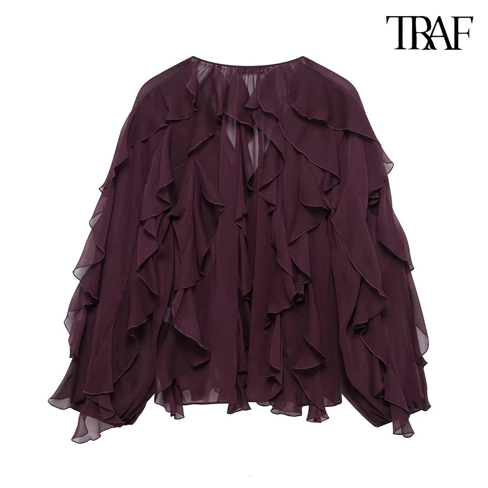 TRAF Fashion loose stacking decorative shirt casual solid color pleated sleeves 2025 Burgundy mesh womens 250312