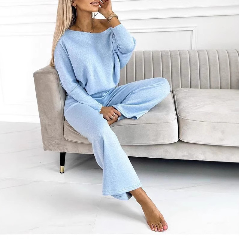 Autumn Womens Solid Color Fashion Casual Slant Shoulder Sports Pants Long Set for Women 240325