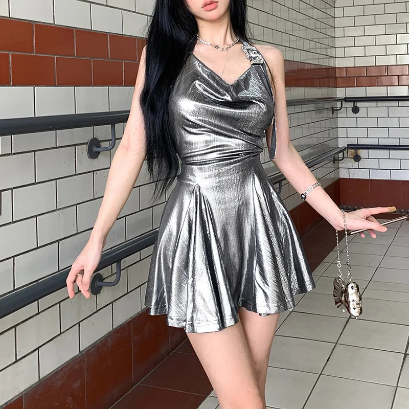 Nibber Silver Matte Retro Bright Confident Metal Summer Party Mature Sexy Feminine Womens Hanging Neck Pleated ALine Dress 250320