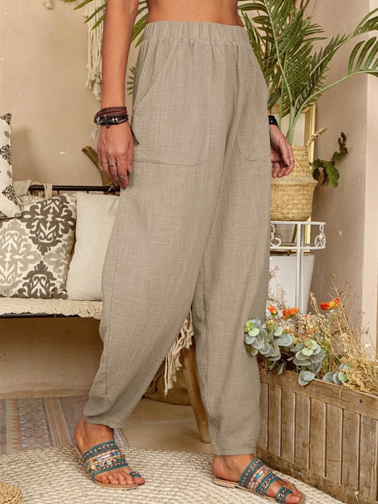 Womens cotton pants summer casual retro pocket thin beach shorts elastic waist wide leg loose harem 250320