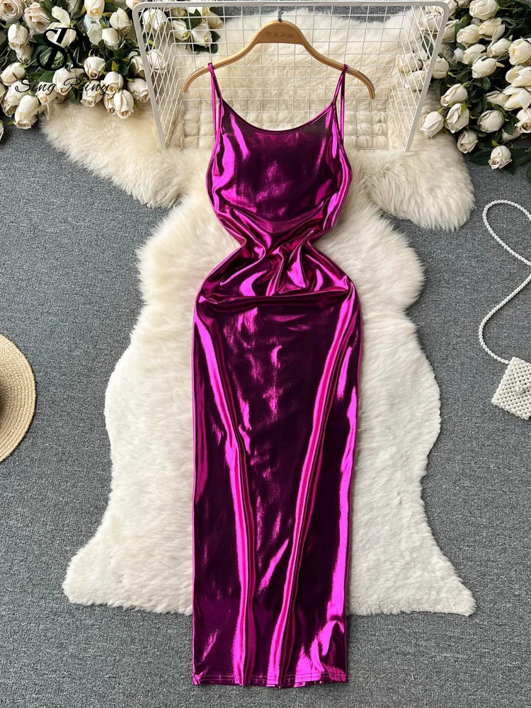 SINGREINY Sexy Bodycon Satin Camis Dress Backless High Waist Fashion Hollow Out Shiny Summer Women Party Long 250320