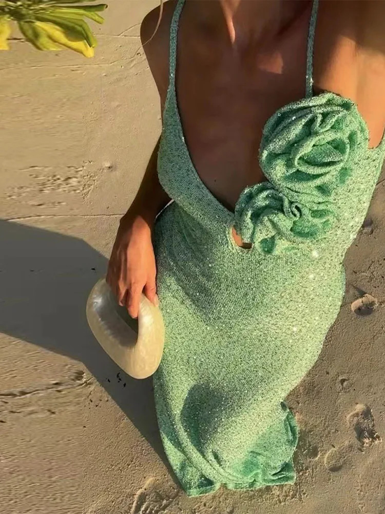 Sparkling floral camisole dress with deep V-neck and backless patchwork flower hollow womens knitted beach long dress slim fit party dress 250320