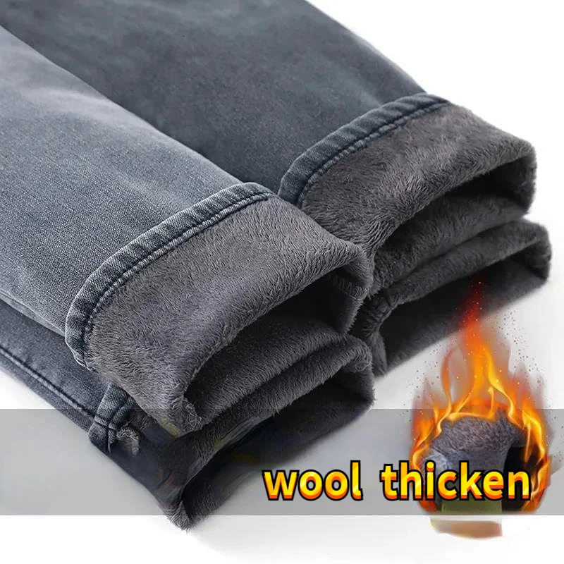 Mens Brushed Jeans Winter Velvet Fleece Man Thermal Warm Korean Versatile Elastic Plush Thicken Slim Pencil Pants 250320