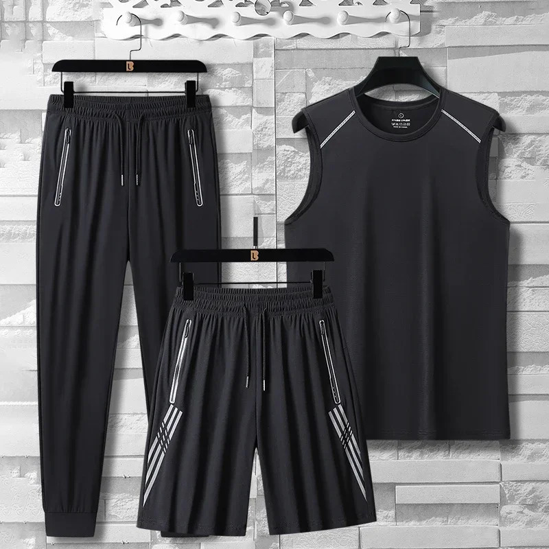 Lightweight Sportswear Three Piece Set Summer High-quality Ice Silk Breathable Quick Drying Camisole Vest Shorts Pants Set 250320