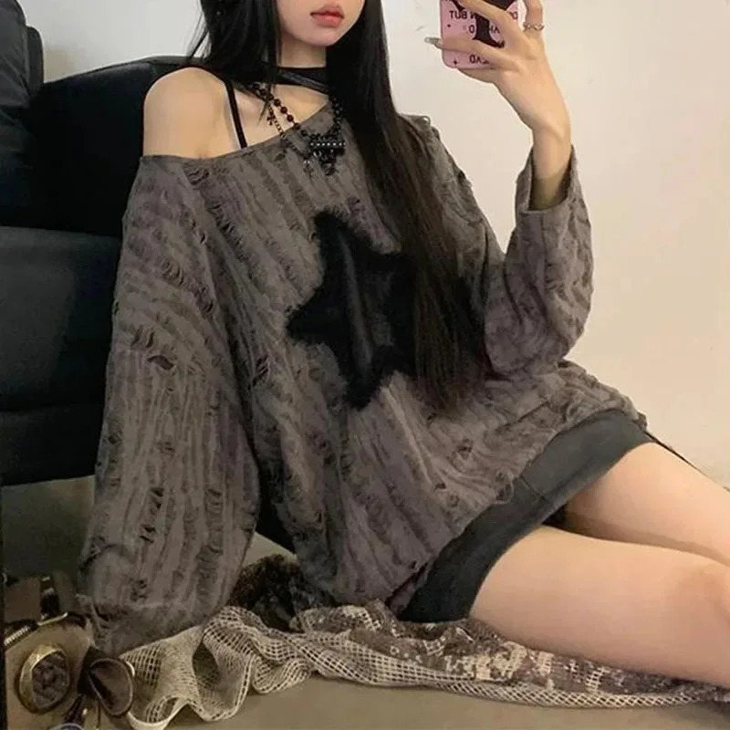 Y2K Hole Star Print T-Shirt Women Fashion Streetwear Off Shoulder Tops Summer Oversized Kpop Long Sleeve Loose Tees Ladies 250317