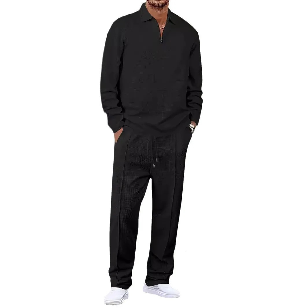 Mens Waffle Set Long Sleeve Striped Polo Shirt Set Fashion Casual Zipper Collar Set Mens Clothes 250320