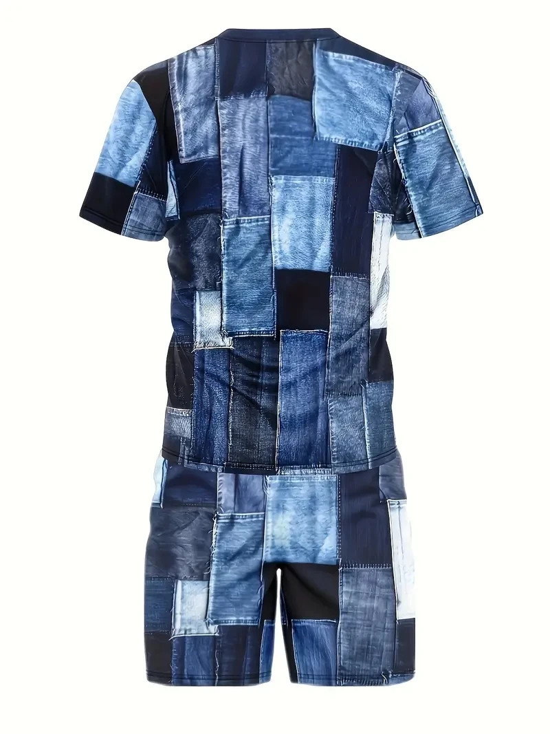 mens two-piece denim patch printed fashionable mens summer O-neck short sleeved polo shirtshort sleeved two-piece mens suit 250320