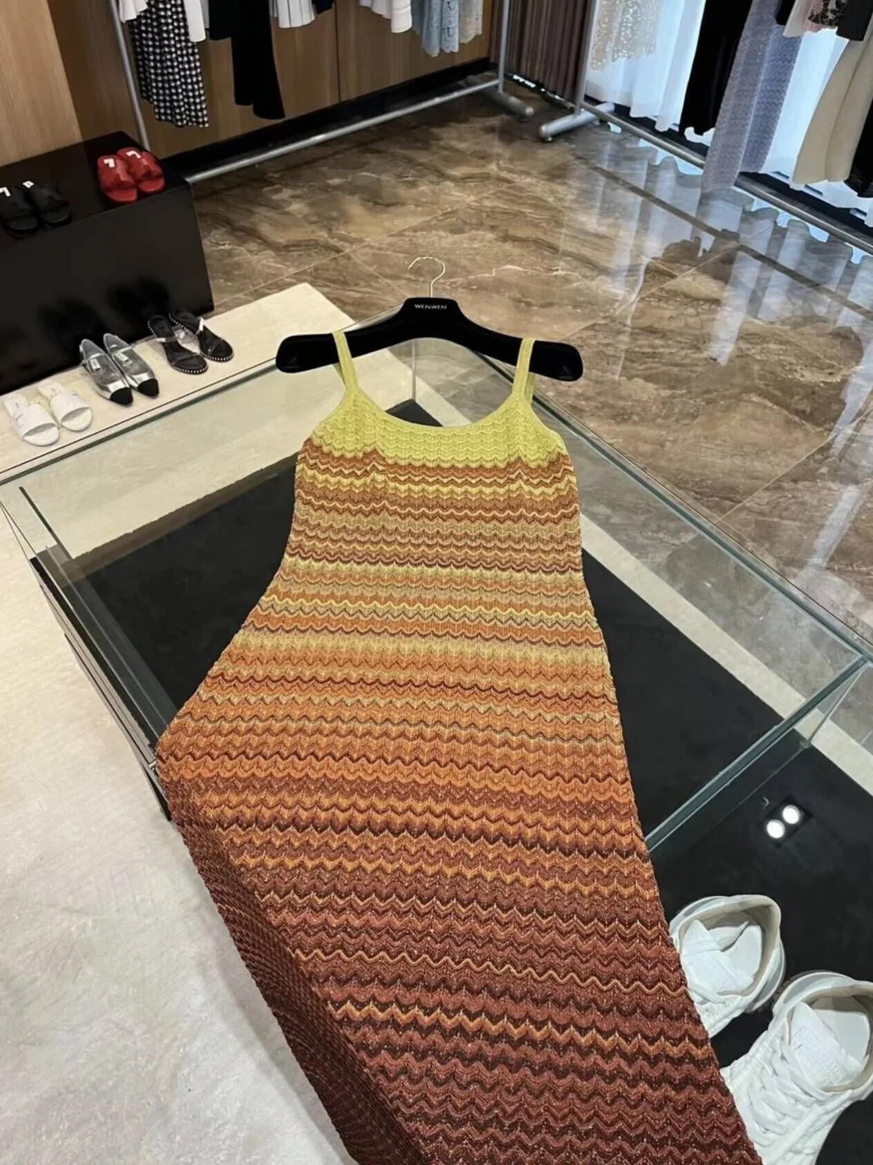 Summer Knitted Long Dress with Hollow Open Skirt Rainbow Gradient Italian Noodles Shoulder Strap Sexy Elegant Dress Womens Wear X1393 250320