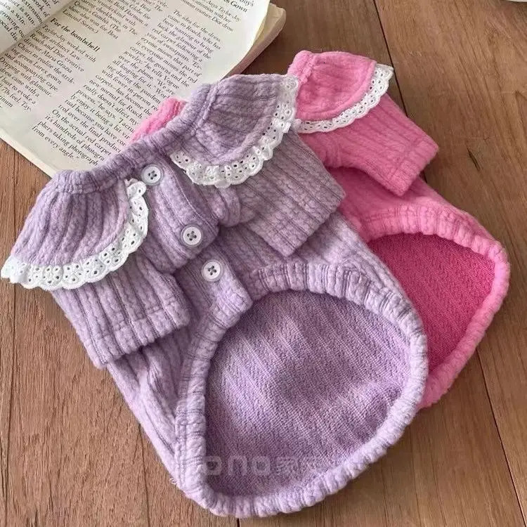 Doll Collar cardigan wool sweater dog clothing lace puppy clothing cat spring autumn set girl Korean fashion cute pet products 250318