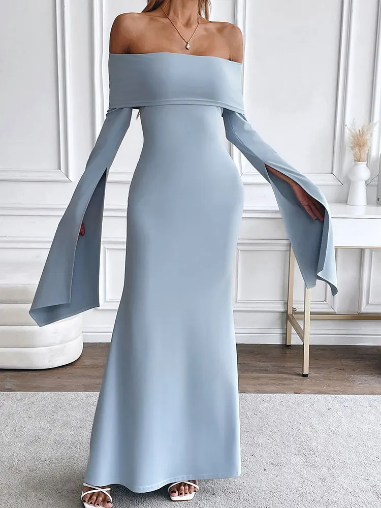 Autumn Dresses Women Sexy Solid Strapless Backless Maxi Dress Streetwear Fashion Split Long Sleeves Casual Slim Lady 250320