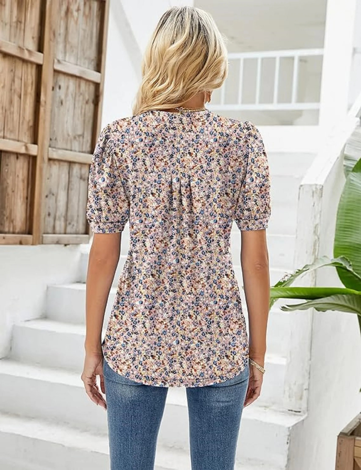 Womens Tunic Tops V Neck Shirts Short Sleeve Summer Puff Pleated Casual Blouses Puff Pleated Work Blouse Fashion Tops 250317