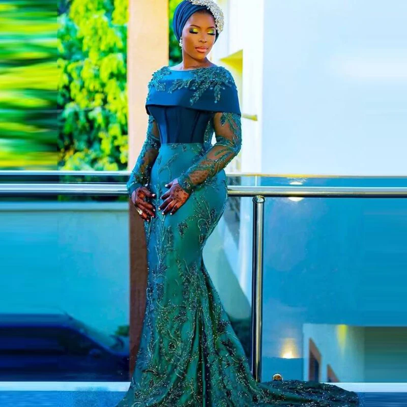 Elegant Aso Ebi Lace Mermaid Evening Dresses Appliques Beaded Pearls Long Sleeves Reception Formal Party Gowns Arabic African Prom Dress With Detachab